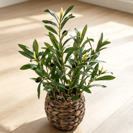 17.7" Artificial Olive Plant in Rattan Basket